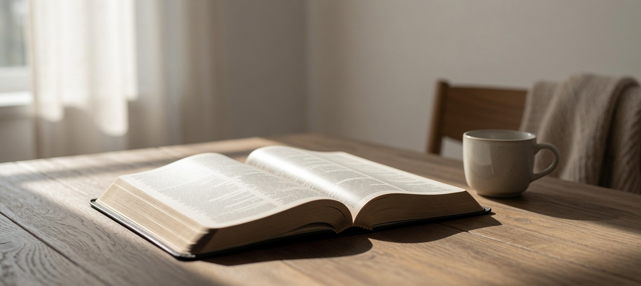 Offene Bibel auf einem Tisch mit einer Person im Hintergrund in ruhiger Reflexion – Christen und Hypnose